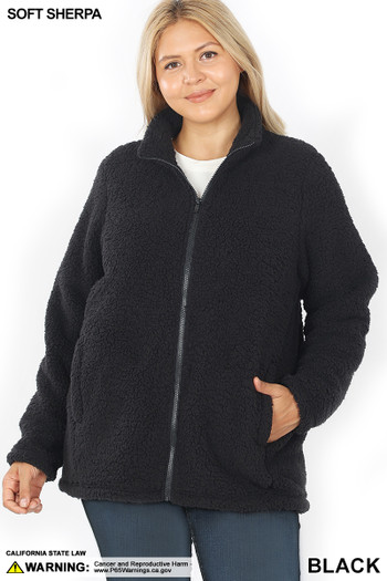 Front image of Black Wholesale Sherpa Zip Up Plus Size Jacket with Side Pockets