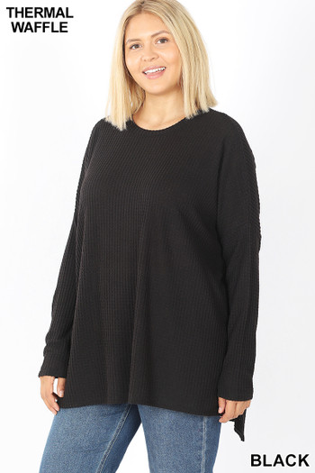 Front of Black  Brushed Thermal Waffle Knit Round Neck Hi-Low Plus Size Sweater