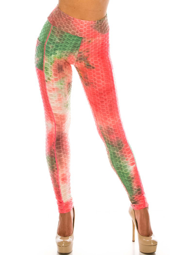 Wholesale Premium Coral Olive Tie Dye Scrunch Butt Workout Leggings with Side Pockets