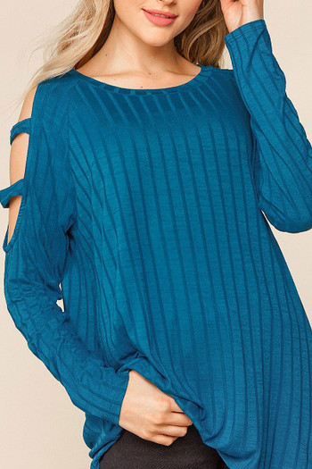Teal Wholesale Long Sleeve Shoulder Cut Out Rib Knit Top