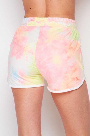 Wholesale Buttery Soft Pink and Yellow Tie Dye Drawstring Waist Dolphin Shorts with Pockets