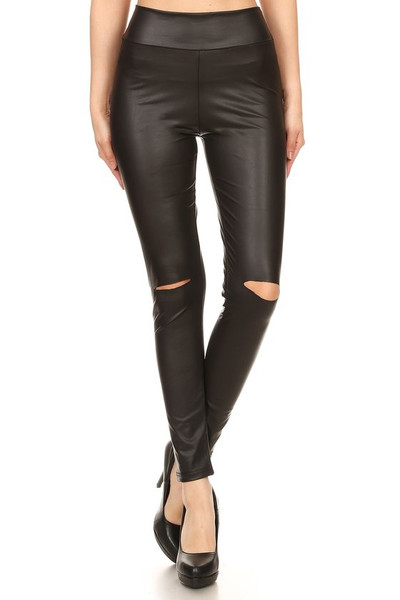High Waisted Matte Faux Leather Leggings with Knee Slash High Waisted Matte Faux Leather Leggings with Knee Slash