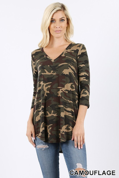 Wholesale 3/4 Sleeve V-Neck and Round Hem Camouflage Top Wholesale 3/4 Sleeve V-Neck and Round Hem Camouflage Top
