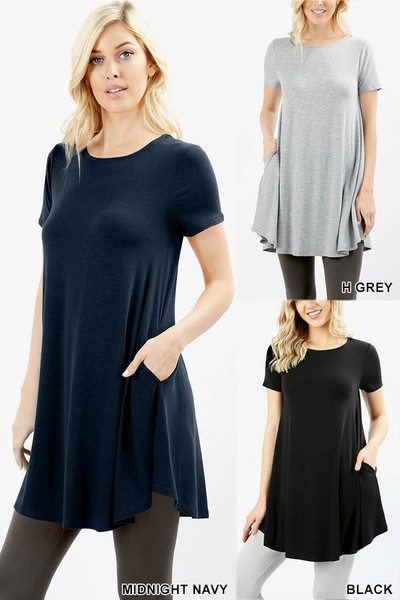 Wholesale Round Neck Round Hem Short Sleeves Tunic with Pockets Wholesale Round Neck Round Hem Short Sleeves Tunic with Pockets