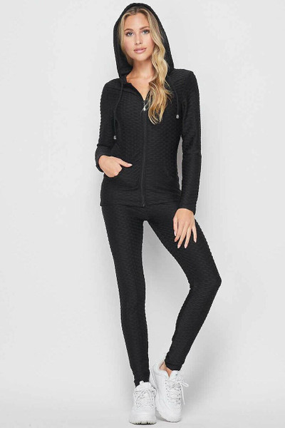Wholesale 2 Piece Scrunch Butt Leggings and Hooded Jacket Set Wholesale 2 Piece Scrunch Butt Leggings and Hooded Jacket Set