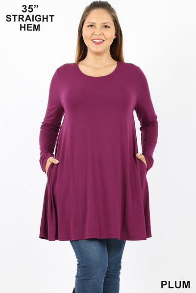 Front of Plum Wholesale Long Sleeve Plus Size Swing Tunic with Pockets Front of Plum Wholesale Long Sleeve Plus Size Swing Tunic with Pockets