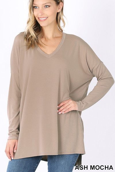 Front image of Ash Mocha Wholesale Dolman Long Sleeve V-Neck Side Cut Hi-Low Hem Top Front image of Ash Mocha Wholesale Dolman Long Sleeve V-Neck Side Cut Hi-Low Hem Top