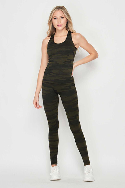 Wholesale 2 Piece Seamless Olive Camouflage Tank Top and Legging Set Wholesale 2 Piece Seamless Olive Camouflage Tank Top and Legging Set