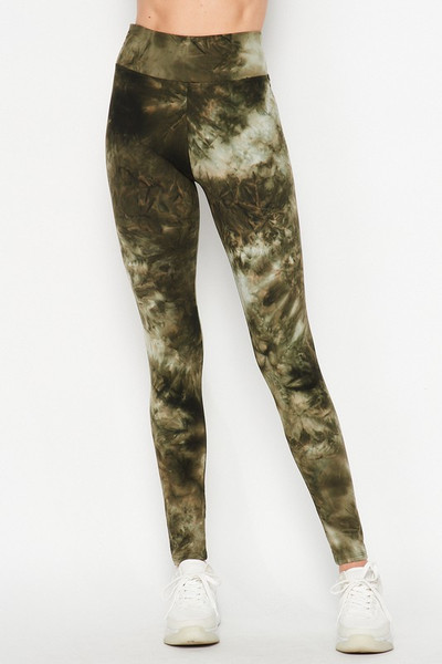 Front of Olive Wholesale Buttery Soft Tie Dye High Waisted Leggings Front of Olive Wholesale Buttery Soft Tie Dye High Waisted Leggings