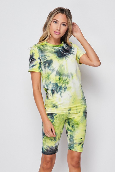 Wholesale 2 Piece Buttery Soft Yellow Tie Dye Biker Shorts and T-Shirt Set - Plus Size Wholesale 2 Piece Buttery Soft Yellow Tie Dye Biker Shorts and T-Shirt Set - Plus Size