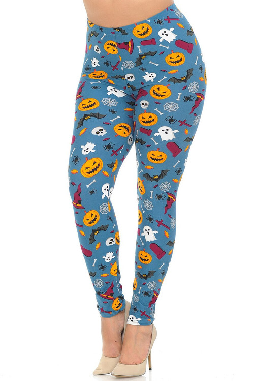Wholesale Buttery Soft Steel Blue Halloween Motif Plus Size Leggings Wholesale Buttery Soft Steel Blue Halloween Motif Plus Size Leggings