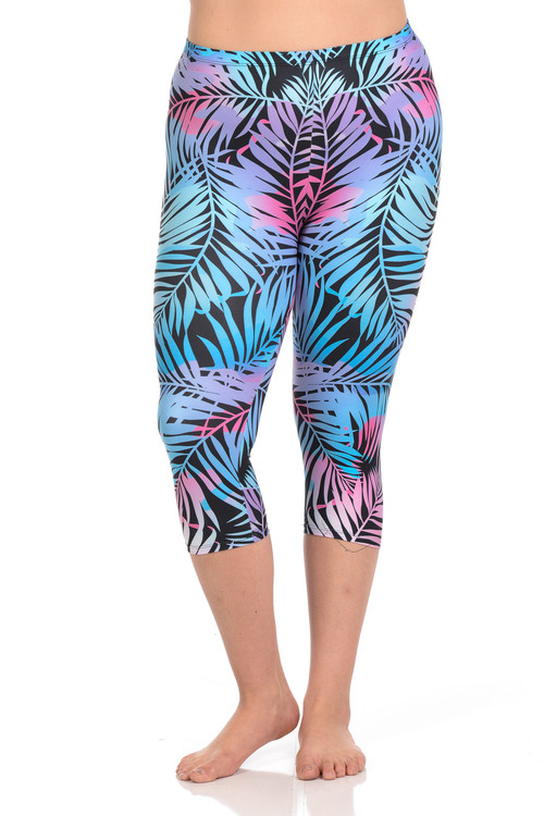 Wholesale Brushed Graphic Print Colorful Frond Plus Size Capris