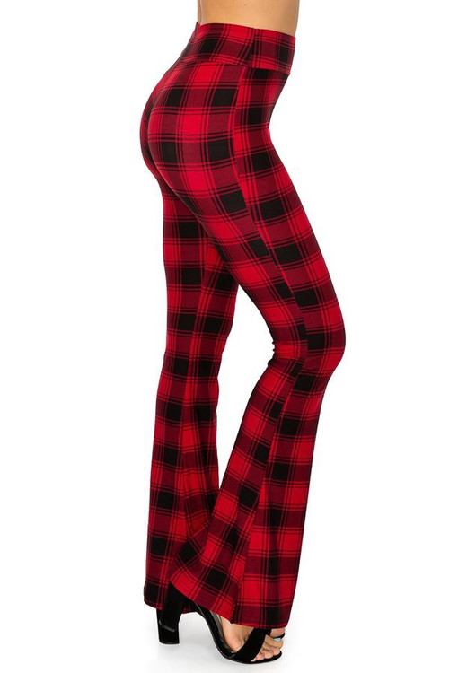 Wholesale Buttery Smooth Red and Black Plaid Bell Bottom Leggings