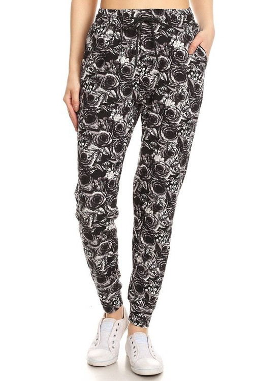 Wholesale Buttery Soft Black and White Rose Floral Joggers