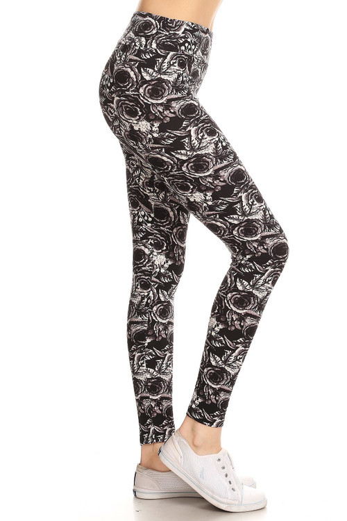 Wholesale Buttery Soft Black and White Rose Floral High Waist Leggings