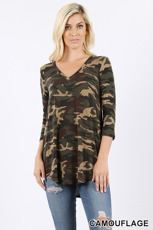 Wholesale 3/4 Sleeve V-Neck and Round Hem Camouflage Top Wholesale 3/4 Sleeve V-Neck and Round Hem Camouflage Top