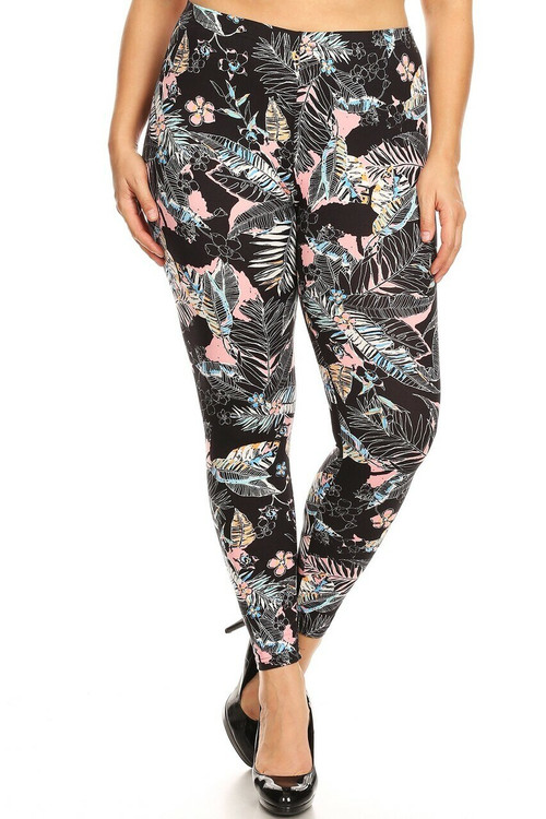 Wholesale Buttery Soft Pink Floral Tropics Plus Size Leggings Wholesale Buttery Soft Pink Floral Tropics Plus Size Leggings