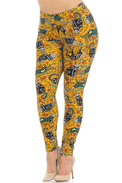 Wholesale Buttery Soft Kitty Cat Mustard Sugar Skull Plus Size Leggings Wholesale Buttery Soft Kitty Cat Mustard Sugar Skull Plus Size Leggings