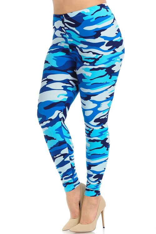 Wholesale Buttery Soft Blue Camouflage Extra Plus Size Leggings - 3X-5X