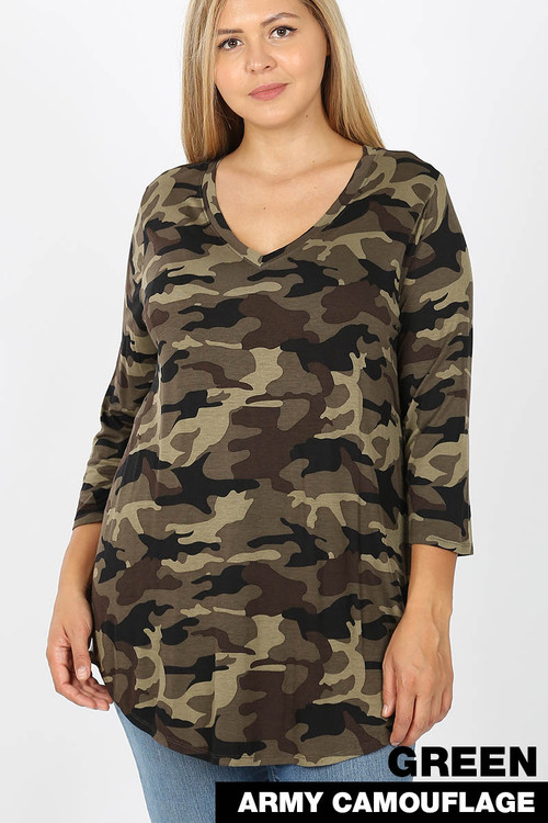 Wholesale Rayon Camouflage 3/4 Sleeve V-Neck & Round Hem Plus Size Top Wholesale Rayon Camouflage 3/4 Sleeve V-Neck & Round Hem Plus Size Top