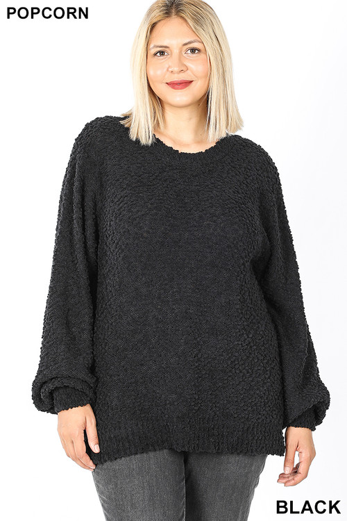 Front image of Black Wholesale Popcorn Balloon Sleeve Round Neck Plus Size Pullover Sweater Front image of Black Wholesale Popcorn Balloon Sleeve Round Neck Plus Size Pullover Sweater