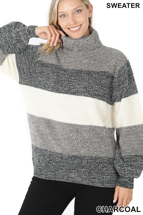 Front view of Charcoal Wholesale Color Block Striped Turtle Neck Balloon Sleeve Sweater Front view of Charcoal Wholesale Color Block Striped Turtle Neck Balloon Sleeve Sweater