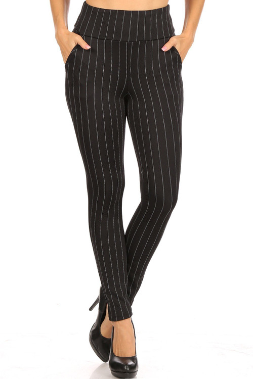 Wholesale Black and White Pinstripe High Waisted Body Sculpting Treggings with Pockets