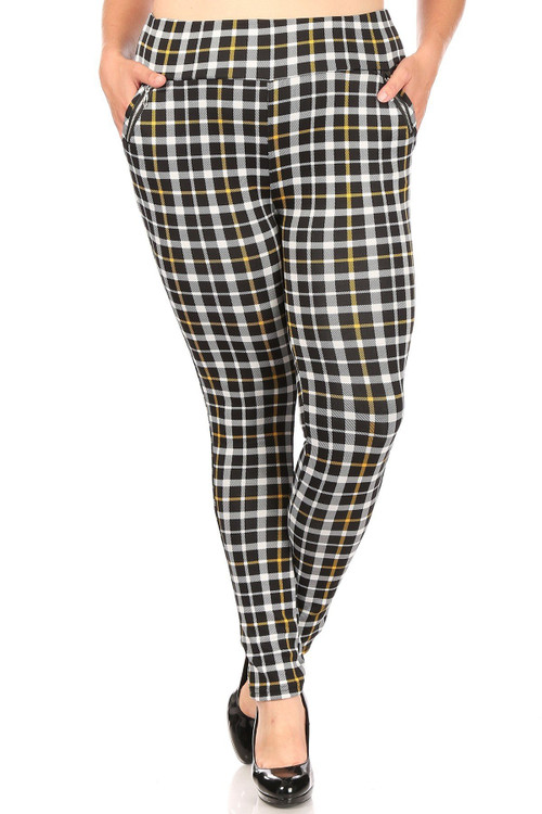 Wholesale Mustard Accent Plaid High Waisted Plus Size Treggings with Zipper Pockets