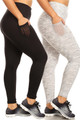 Side view image showing one black and one heather gray Buttery Smooth Sport Basic Plus Size Leggings with Side Pockets