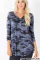 Wholesale Rayon Camouflage 3/4 Sleeve V-Neck & Round Hem Plus Size Top