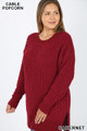 Front image of Cabernet Wholesale Cable Knit Popcorn Round Neck Hi-Low Plus Size Sweater