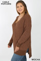 45 degree image of Mocha Wholesale Cable Knit Popcorn V-Neck Hi-Low Plus Size Sweater