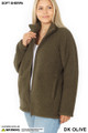 45 degree unzipped image of Dark Olive Wholesale Sherpa Zip Up Plus Size Jacket with Side Pockets