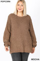 Front image of Mocha Wholesale Popcorn Balloon Sleeve Round Neck Plus Size Pullover Sweater