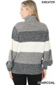Back view of Charcoal Wholesale Color Block Striped Turtle Neck Balloon Sleeve Sweater