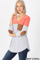 45 degree left view of Deep Coral Wholesale Color Block V-Neck 3/4 Sleeve Top with Front Pocket