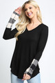 Ivory Wholesale Plaid Cuff Solid Contrast V Neck Long Sleeve Top