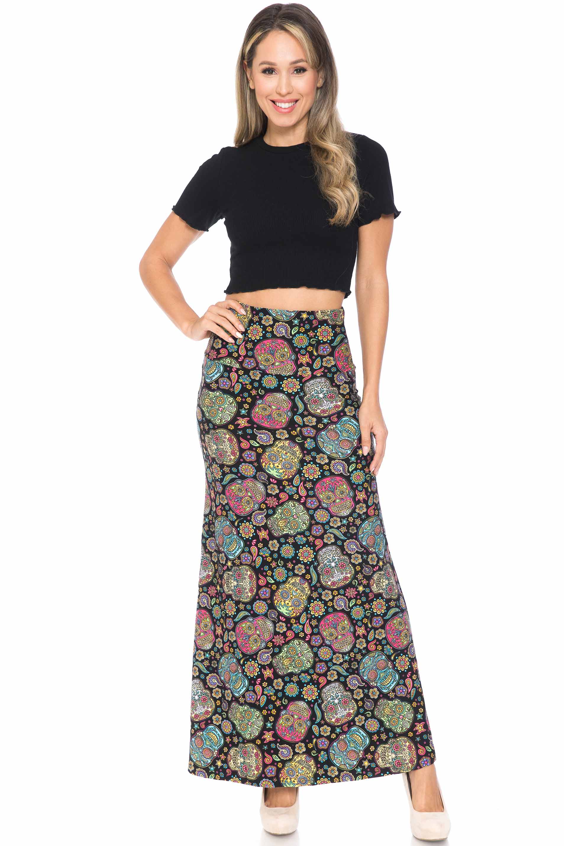 Wholesale Buttery Smooth Mandala Sugar Skull Maxi Skirt