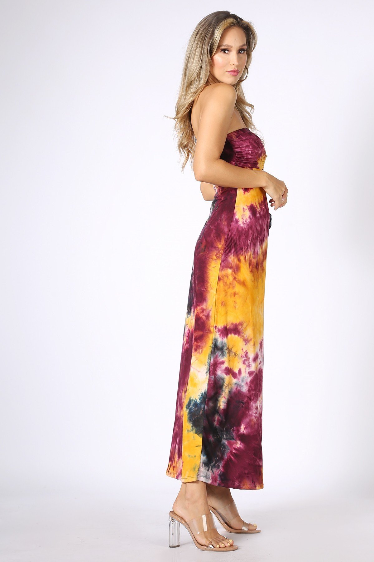 Right side of Burgundy Wholesale Tie Dye Ruched Split Front Maxi Duster Tube Top