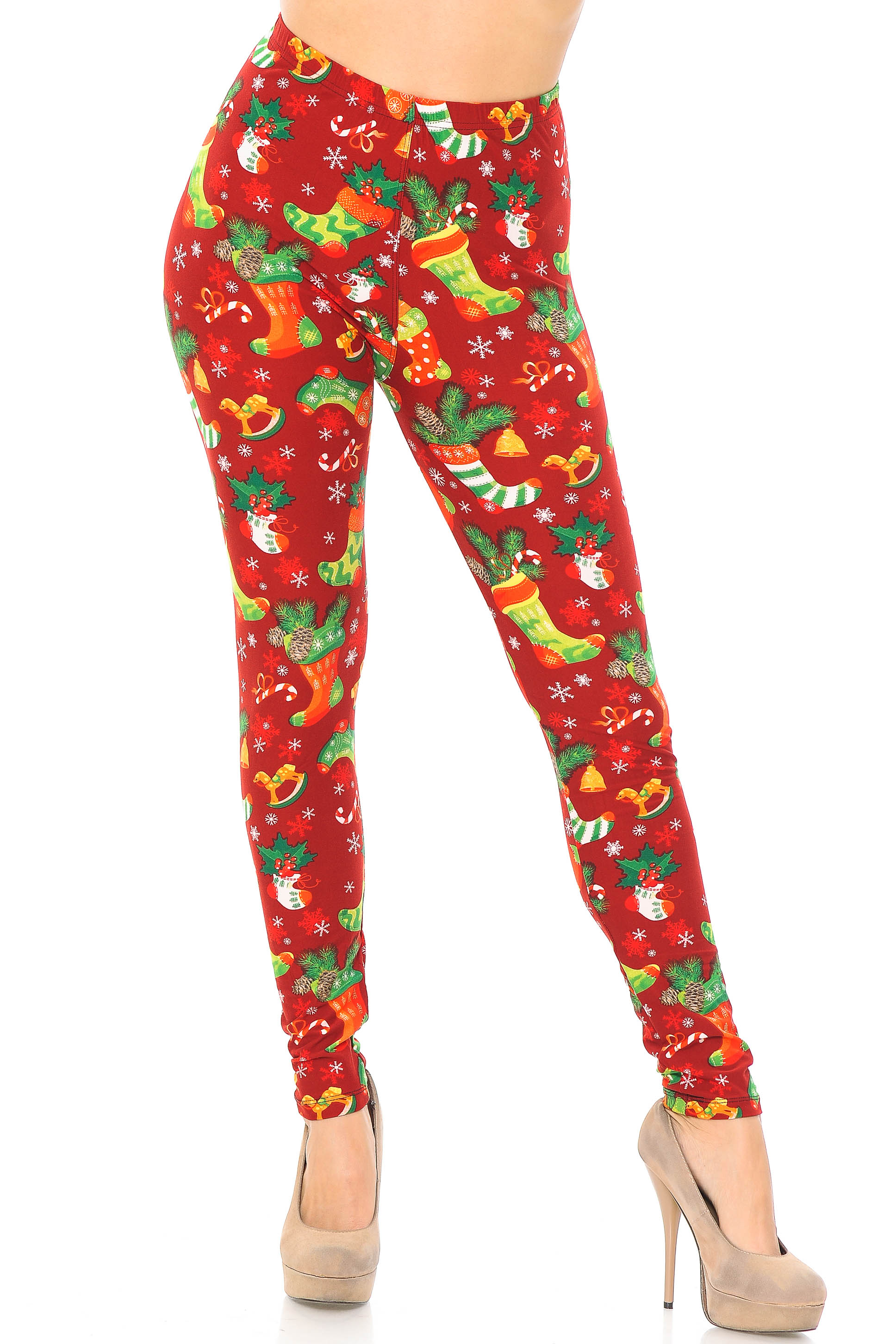 Wholesale Buttery Smooth Ruby Red Christmas Stocking Extra Plus Size Leggings - 3X-5X
