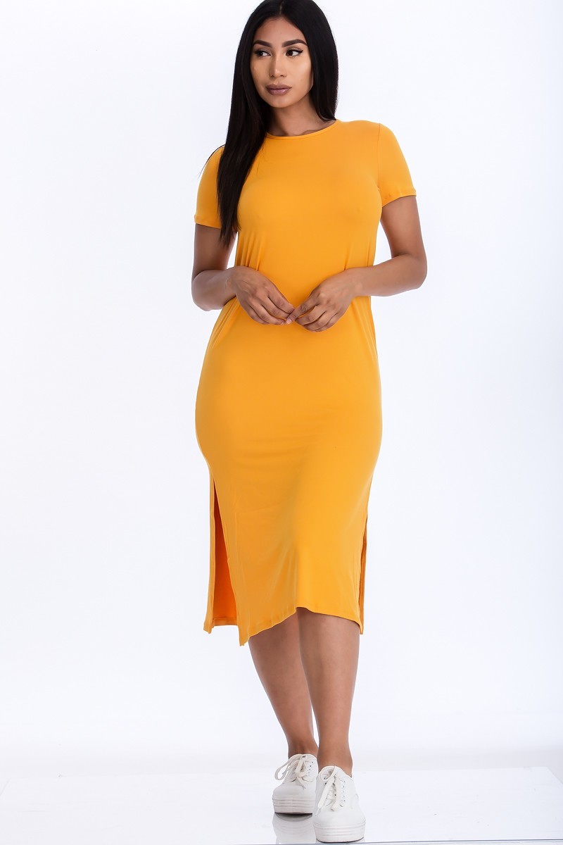 Wholesale Short Sleeve Double Side Slit Midi Dress