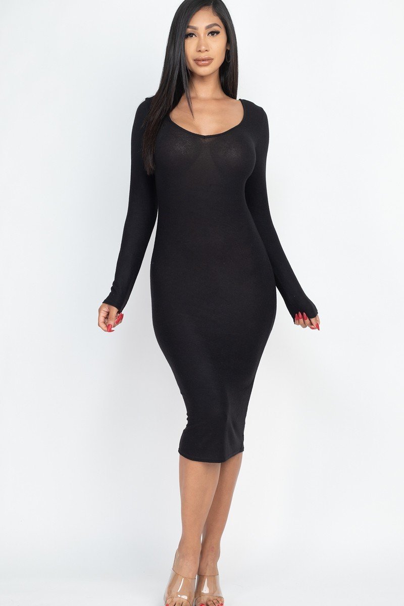 Wholesale Long Sleeve Brushed Knit Scoop Back Midi Dress