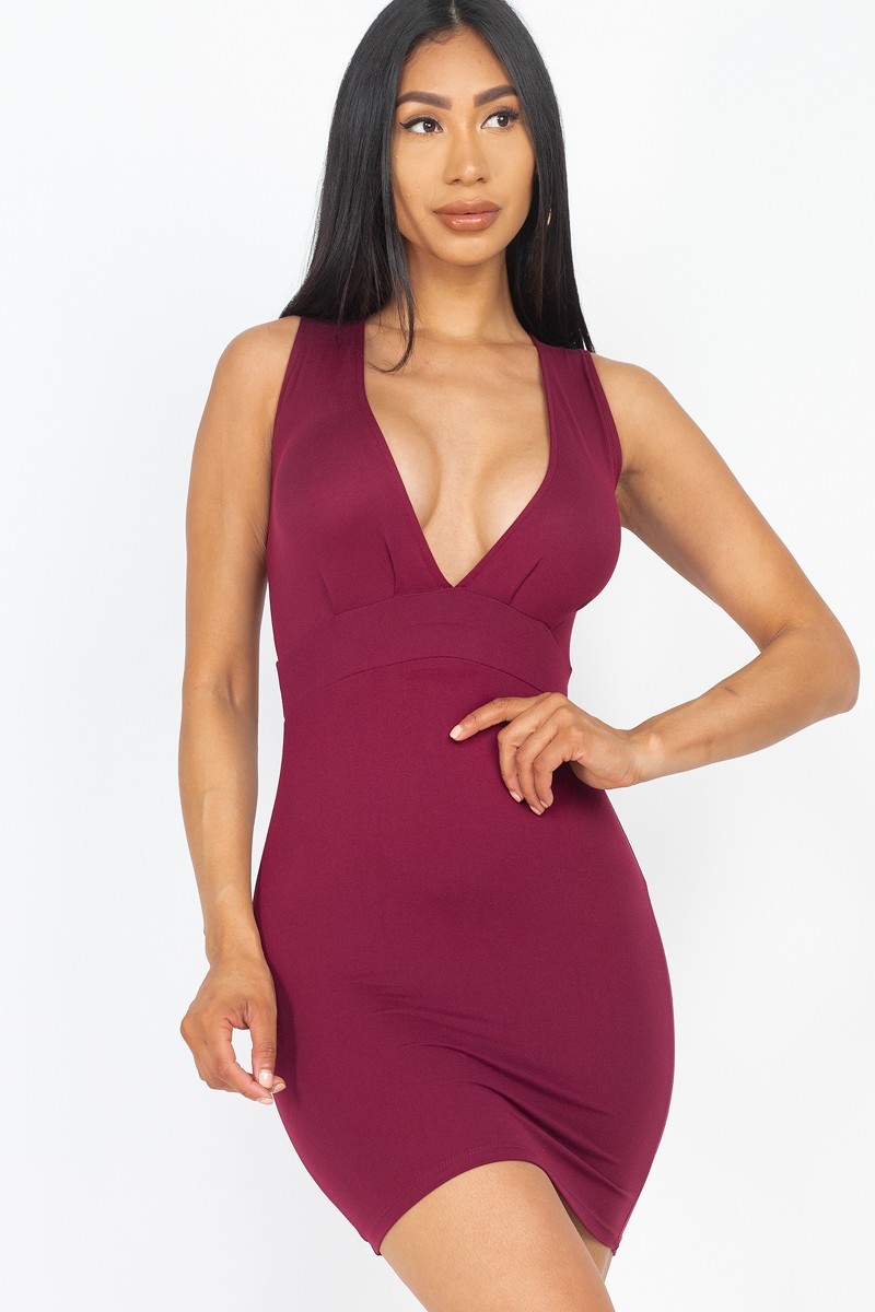 Burgundy Wholesale Front Tuck Bodycon Mini Dress with Plunging Neckline