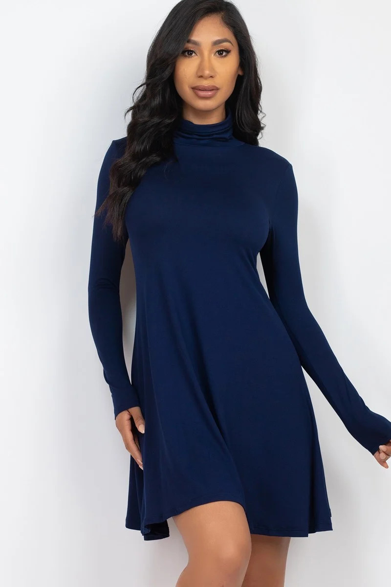 Navy Wholesale Long Sleeve Mock Neck Flare Mini Dress