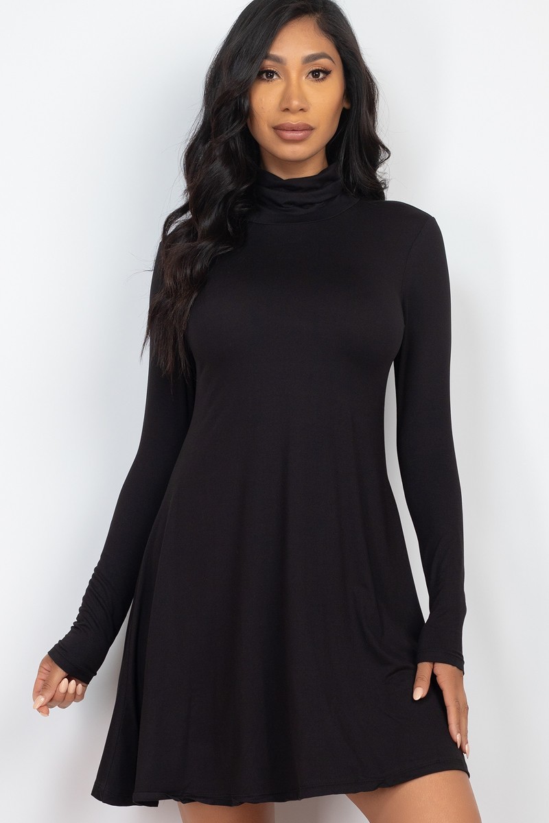 Black Wholesale Long Sleeve Mock Neck Flare Mini Dress