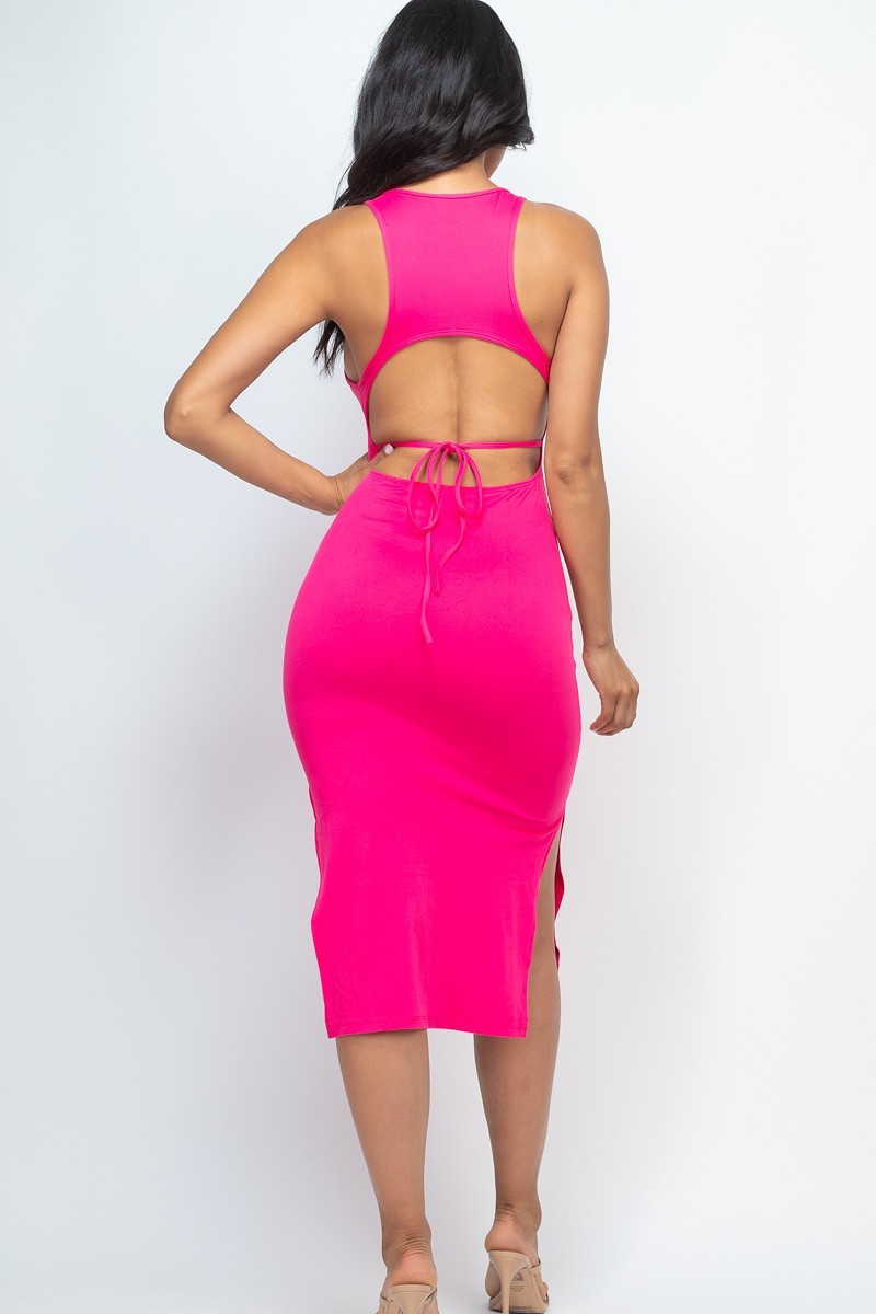 Fuchsia Wholesale Open Tie Back Side Split Midi Dress