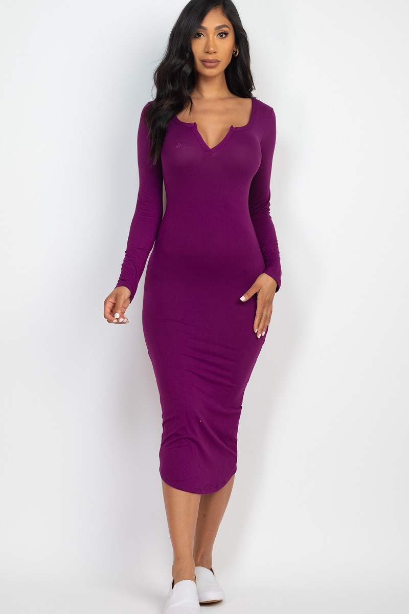 Purple Wholesale Long Sleeve Split Neck Bodycon Midi Dress