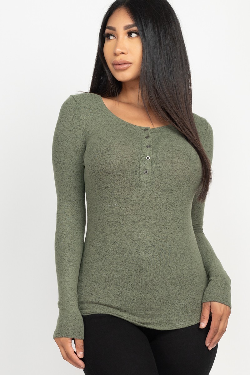 Olive Wholesale Two Tone Brushed Knit Long Sleeve Henley Top