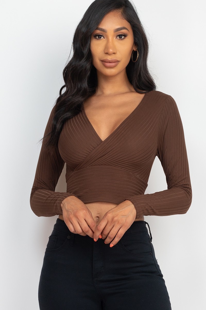 Coffee Wholesale Long Sleeve Ribbed Wrap Front Crop Top