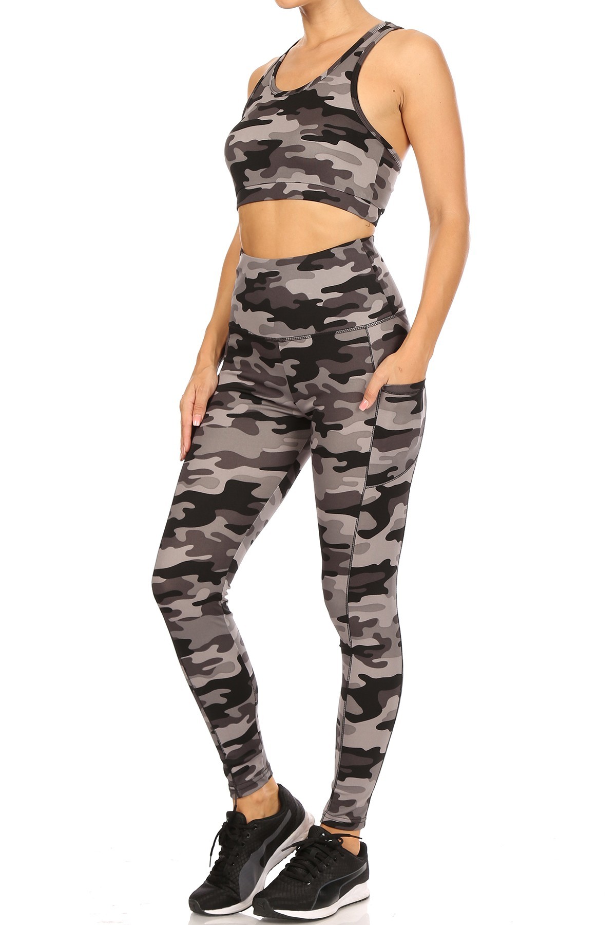 Wholesale 2 Piece Charcoal Camouflage Crop Top and Legging Set